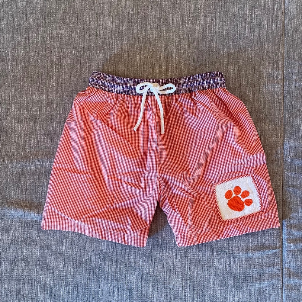 NEW Boy's Smock Monkey Embroidered Gingham Swim Trunks * Clemson Tigers * Size 6